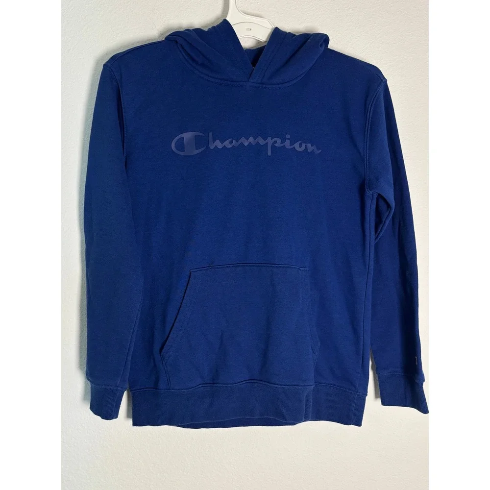 Champion Boys Blue Pullover Hoodie Script Logo Fleece‎ Sweatshirt Large 14/16